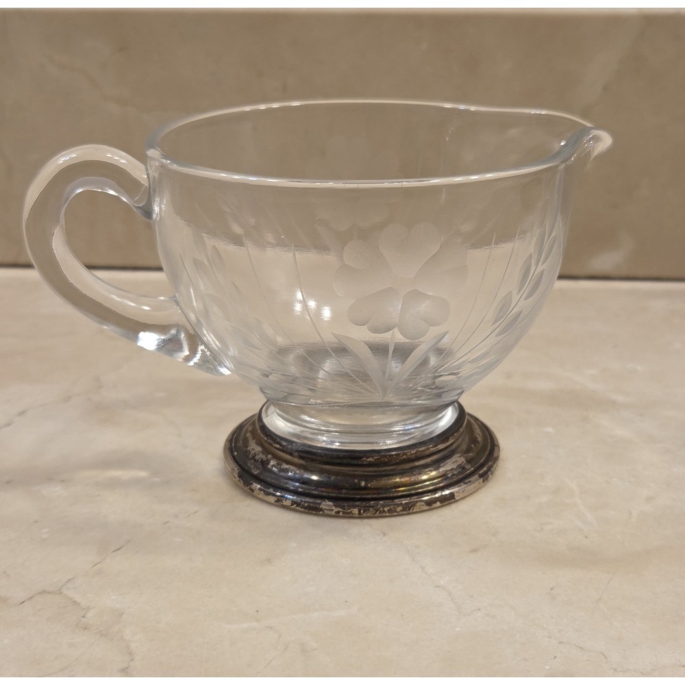 1920s Sterling Silver & Etched Glass Frank Whiting‎ Co Cream Pitcher Hand Blown